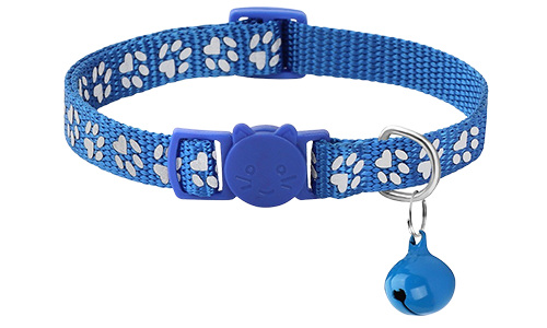 Collier anti-traction pour chat à motif de pattes bleu, ajustable et léger, boucle de sécurité, clochette assortie.