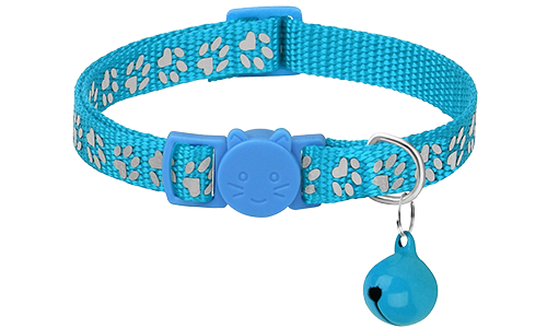 Collier anti-traction pour chat à motif de pattes bleu clair, ajustable et léger, boucle de sécurité, clochette assortie.