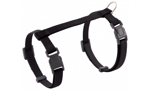 Kattentuigje Zwart kattenharnas met verstelbare riemen en metalen D-ring voor riem, voor veilig en comfortabel gebruik.