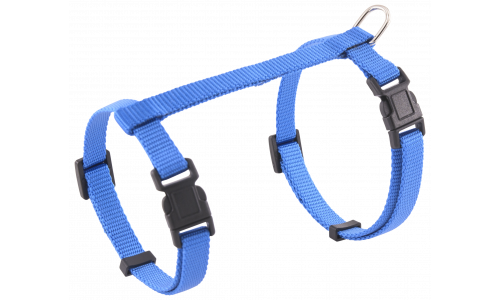 Harnais bleu pour chat avec sangles ajustables, D-ring robuste pour laisse, pour usage sécurisé et confortable.