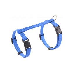 Blauw kattenharnas met verstelbare riemen en metalen D-ring voor riem, voor veilig en comfortabel gebruik.