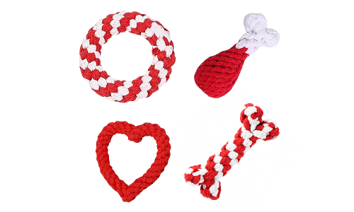 Ensemble de quatre jouets en corde pour chien rouges et blancs, avec anneau, baguette, cœur et os, pour jeu interactif.