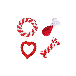 Set van vier touwspeeltjes voor honden in rood en wit, inclusief ring, drumstick, hart en botvorm, voor interactief spel.