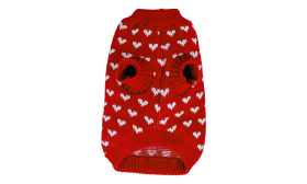 Pull à Motif Cœur pour Chiens Chien portant un pull rose cosy avec motifs de cœurs blancs, ajustement chaud et confortable garanti.
