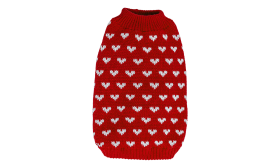 Pull à Motif Cœur pour Chiens Chien portant un pull rose cosy avec motifs de cœurs blancs, léger et confortable à porter.