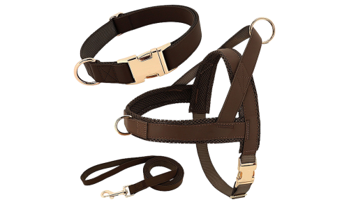 Kit harnais marron pour chien avec collier et laisse assortis, léger, boucles dorées et D-ring pour durabilité.