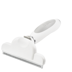 Grote witte ontmijtborstel voor honden met fijne metalen tanden en ergonomisch handvat, vermindert verharing.