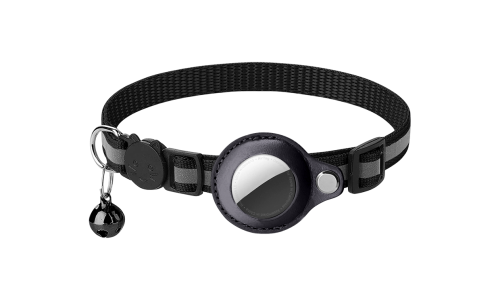 Collier réfléchissant noir pour chat avec support AirTag, ajustable, léger et confortable, avec cloche noire.