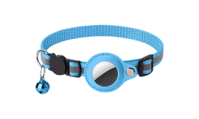 Reflecterende Breakaway Kattenhalsband met AirTag Houder Reflecterende blauwe breakaway kattenhalsband met AirTag-houder, verstelbaar en lichtgewicht, met blauwe bel.