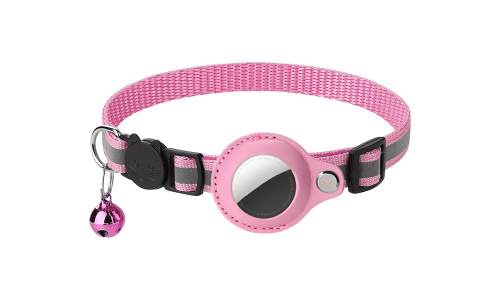 Collier réfléchissant rose pour chat avec support AirTag, ajustable, léger et confortable, avec cloche rose.