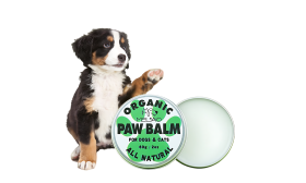 Biologische Balsem voor Honden en Katten Poten Groene en witte tin en doos met biologische, natuurlijke pootbalsem voor honden en katten, 60g, lik-veilige formule.