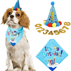 Blauwe honden verjaardagsset met kleurrijke 'It's My Birthday!' bandana, zacht en duurzaam.