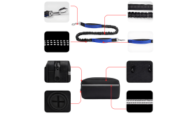 Laisse Mains Fibres pour Chien avec Ceinture Réglable et Pochette Laisse mains libres bleue pour chien, coutures réfléchissantes, ceinture ajustable, pochette, de 27 à 48 pouces.
