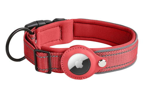 Collier chien réfléchissant rouge avec support Airtag, ajustable, nylon léger, pour le suivi du chien et la visibilité.