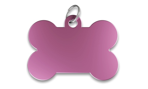 Roze botvormige hondenpenning met gladde afwerking, zilveren ring, personaliseerbaar met gegraveerde hondennaam.