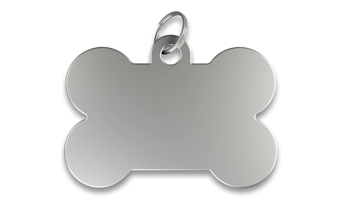 Zilveren botvormige hondenpenning met gladde afwerking, zilveren ring, personaliseerbaar met gegraveerde hondennaam.