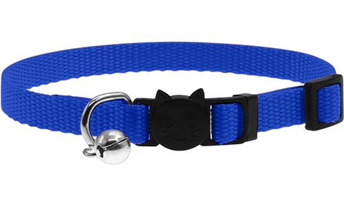 Collier réglable bleu pour chat, léger, avec boucle de sécurité motif chat et petite clochette argentée.