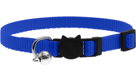 Collier réglable bleu pour chat, léger, avec boucle de sécurité motif chat et petite clochette argentée.