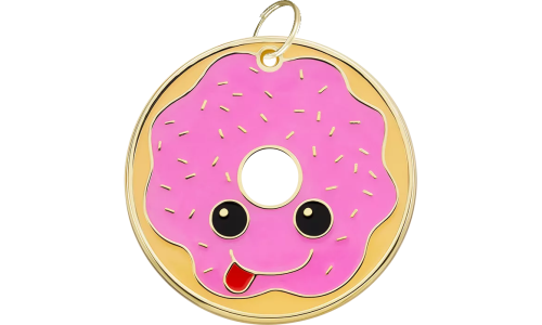 Donutvormige hondenpenning met glimlachend gezicht en gouden ring, personaliseerbaar met gegraveerde hondennaam.