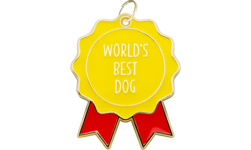 Hondenpenning 'World’s Best Dog' met rode linten, levendig ontwerp en gladde randen, perfect voor jouw hond.