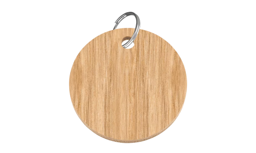 Houten ronde hondenpenning, 38mm x 25mm, FSC-gecertificeerd hout, zilveren ring, personaliseerbaar met hondennaam.