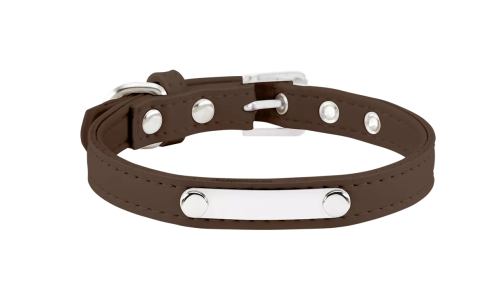 Klassieke bruine hondenhalsband met ingebouwde ID-plaat, 27-34 cm lang, 1.5 cm breed, voor het graveren van hondennaam.