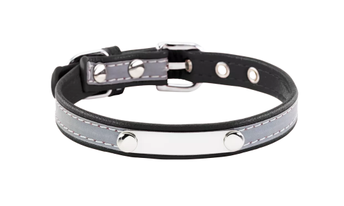 Reflecterende zwarte hondenhalsband met ingebouwde ID-plaat, 27-34 cm lang, 1.5 cm breed, voor het graveren van hondennaam.