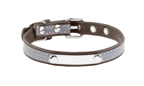 Reflecterende bruine hondenhalsband met ingebouwde ID-plaat, 27-34 cm lang, 1.5 cm breed, voor het graveren van hondennaam.