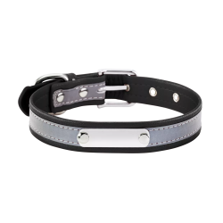 Collier chien réfléchissant noir avec plaque ID intégrée, 27-34 cm x 1,5 cm, personnalisable avec nom gravé.