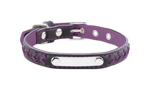 Gevlochten paarse hondenhalsband met ingebouwde ID-plaat voor naamgravure, 10,6 - 13,4 inch lang en 0,59 inch breed.