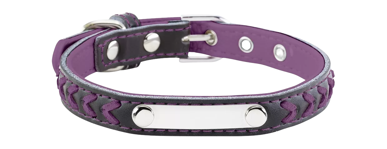 Collier chien tressé violet avec plaque ID intégrée pour gravure, 27-34 cm x 1,5 cm, personnalisable avec nom gravé.