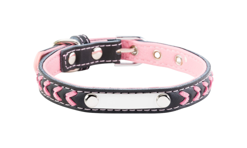 Gevlochten roze hondenhalsband met ingebouwde ID-plaat voor naamgravure, 10,6 - 13,4 inch lang en 0,59 inch breed.