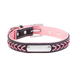 Collier chien tressé rose avec plaque ID intégrée pour gravure, 37-47 cm x 2,5 cm, personnalisable avec nom gravé.
