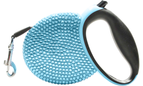 Laisse Retractable de Luxe Laisse chien rétractable bleue, recouverte de strass bleus scintillants, avec poignée noire, s'étendant jusqu'à 3 mètres.