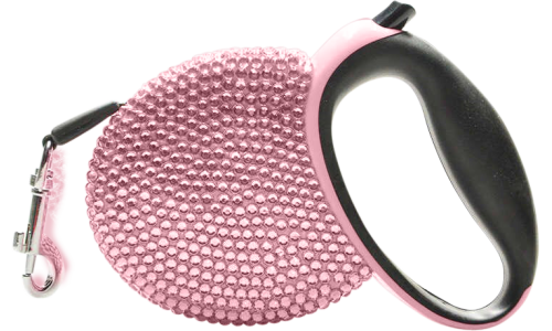 Laisse chien rétractable rose, recouverte de strass bleus scintillants, avec poignée noire, s'étendant jusqu'à 3 mètres.