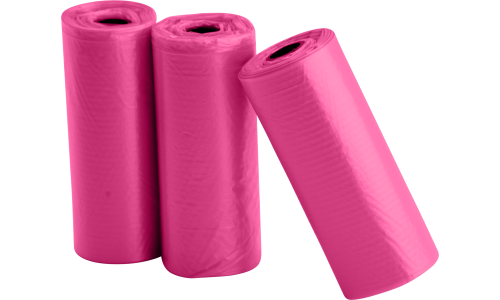 Trois rouleaux de 15 sacs roses à crottes, résistants et étanches, pour une élimination propre et pratique en promenade.