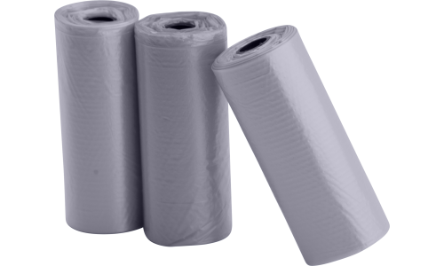 Trois rouleaux de 15 sacs gris à crottes, résistants et étanches, pour une élimination propre et pratique en promenade.