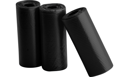 Trois rouleaux de 15 sacs noirs à crottes, résistants et étanches, pour une élimination propre et pratique en promenade.