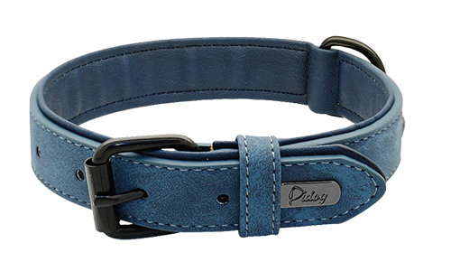 Collier chien en velours bleu luxe, longueur 49-52 cm, avec boucle métallique noire et D-ring pour un look stylé.
