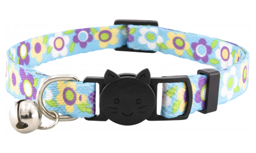 Collier pour chat bleu à motif floral, avec clochette, réglable, léger, confortable, alliant charme et sécurité.