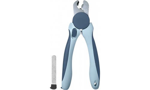 Coupe-ongles bleu pour chien avec poignées ergonomiques, garde de sécurité, et lime métallique, adapté aux chiens et chats.