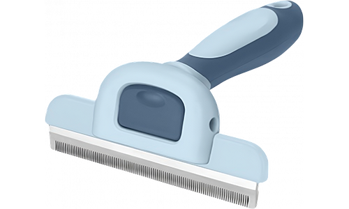 Brosse pour Chien Main tenant une brosse de toilettage bleue pour chien avec poignée ergonomique, montrant le design confortable.