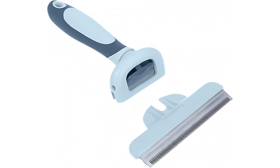 Brosse de toilettage bleue pour chien, avec dents métalliques fines et poignée ergonomique, réduit la perte de poils.