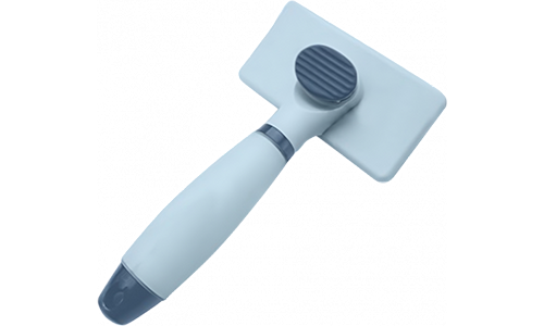 Brosse slicker bleu auto-nettoyante pour chien et chat, avec poignée, bouton de nettoyage, et poils doux pour le confort.